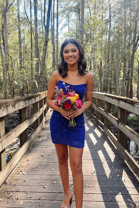 Strapless Royal Blue Sequins Short Homecoming Dress AB100303