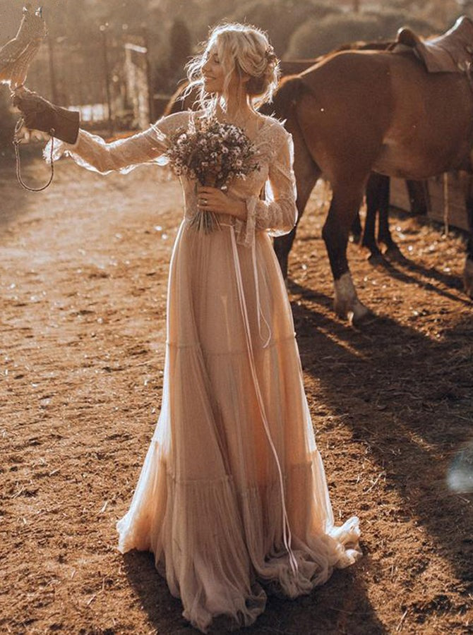 A Line V-neck Flowy Tulle Long Sleeves Floor Length Wedding Dress