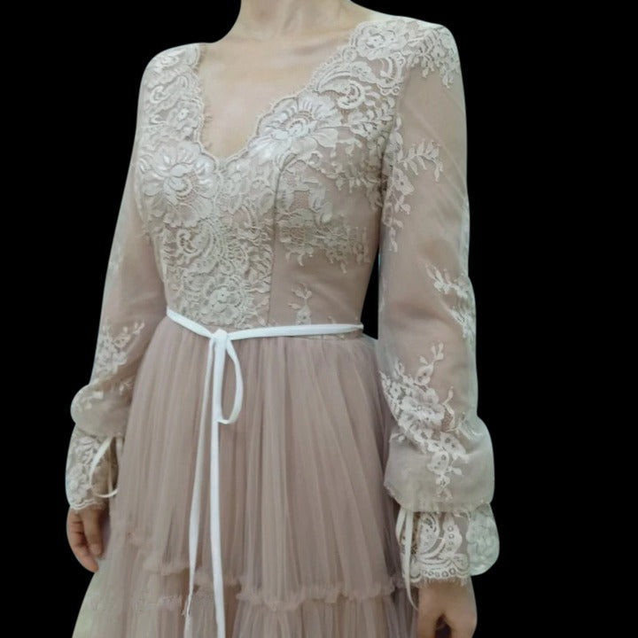 A Line V-neck Flowy Tulle Long Sleeves Floor Length Wedding Dress