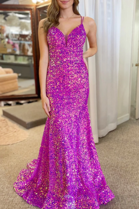 Mermaid Spaghetti Straps Sparkly Sequined Prom Dress