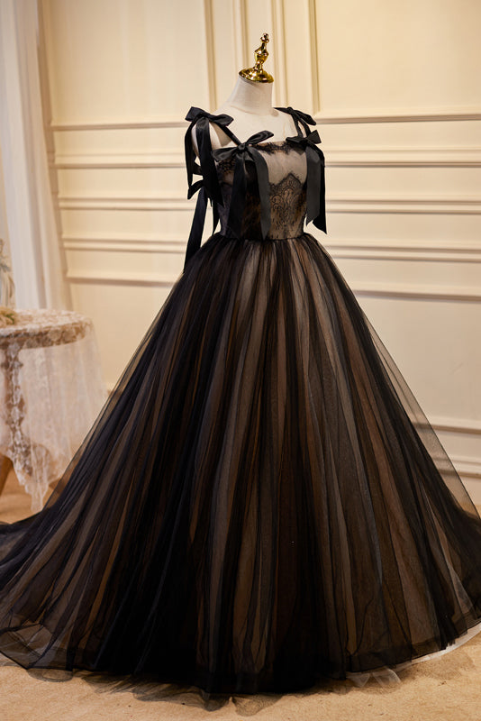 Black A-line Long Tulle Prom Dress with Bowknot LJ0572