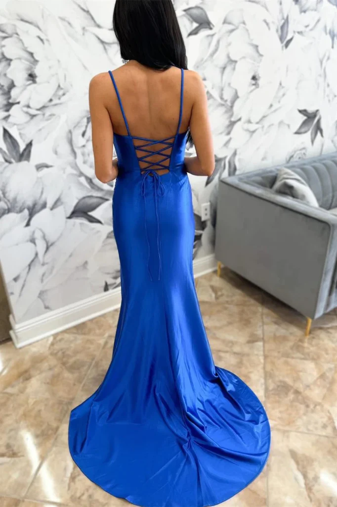 Mermaid Straps Royal Blue Long Prom Dress with High Slit