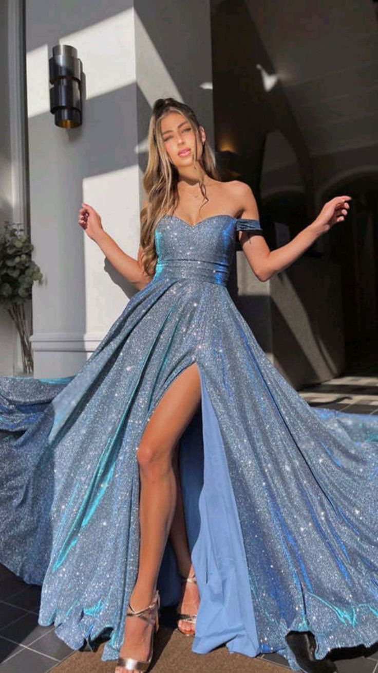 Off-the-shoulder Sparkly Long Prom Dress with Split