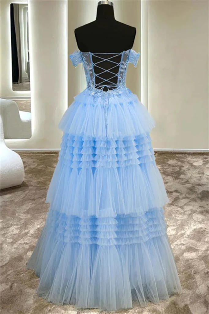 Off the Shoulder Blue Lace Appliques Long Tulle Prom Dress