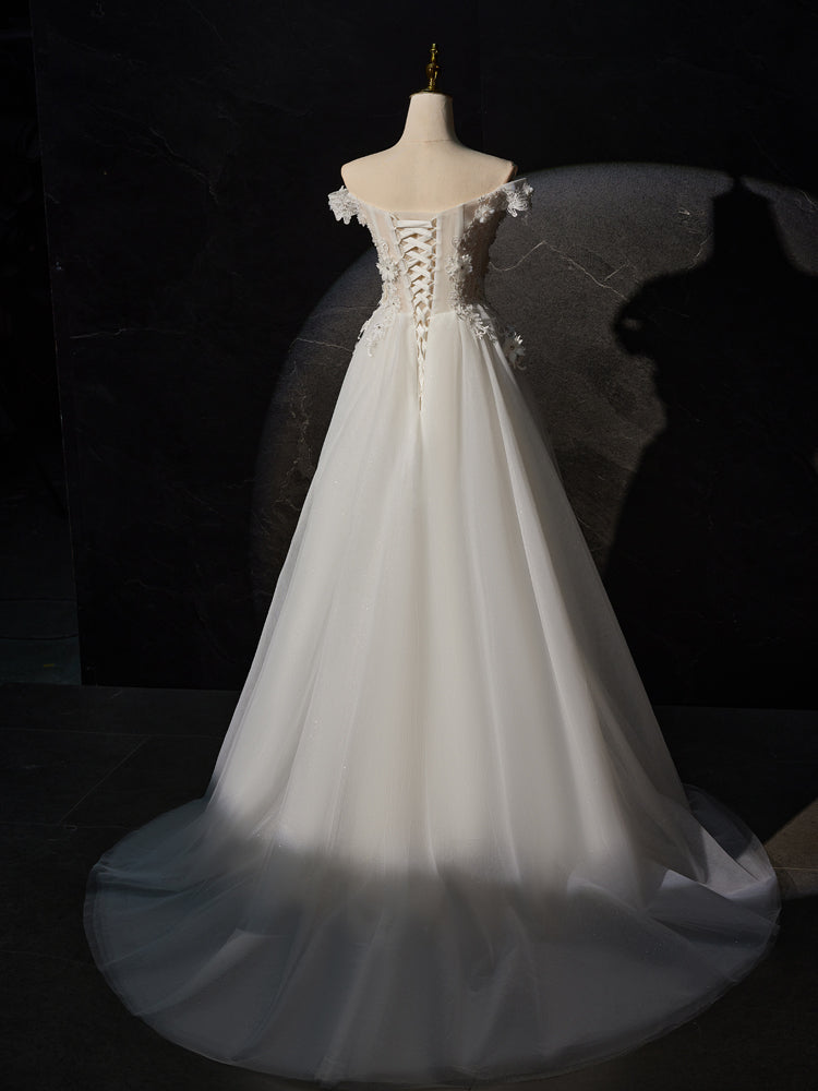 Off-the-shoulder Ivory Princess Long Prom Dress with Flower Appliques