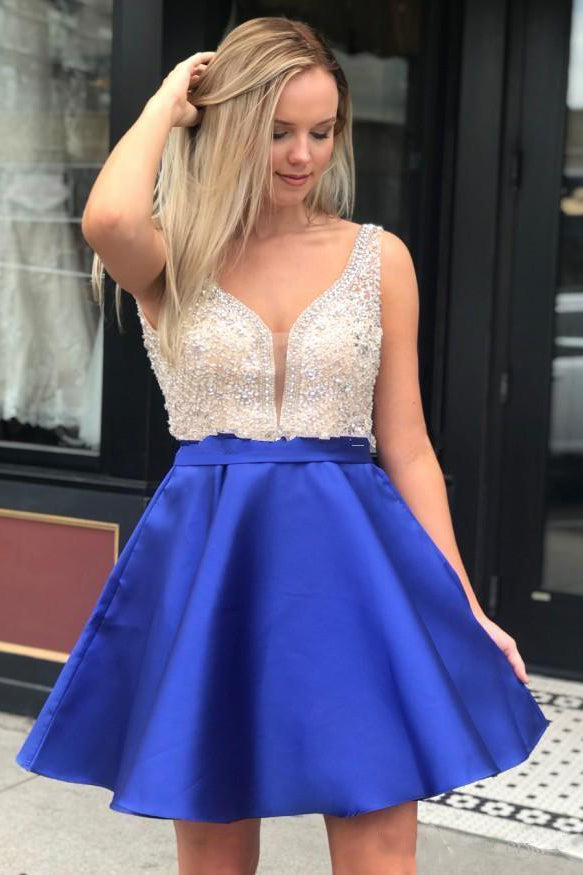 Royal Blue Homecoming Dresses V Neck Beaded Short Prom Dress OM343