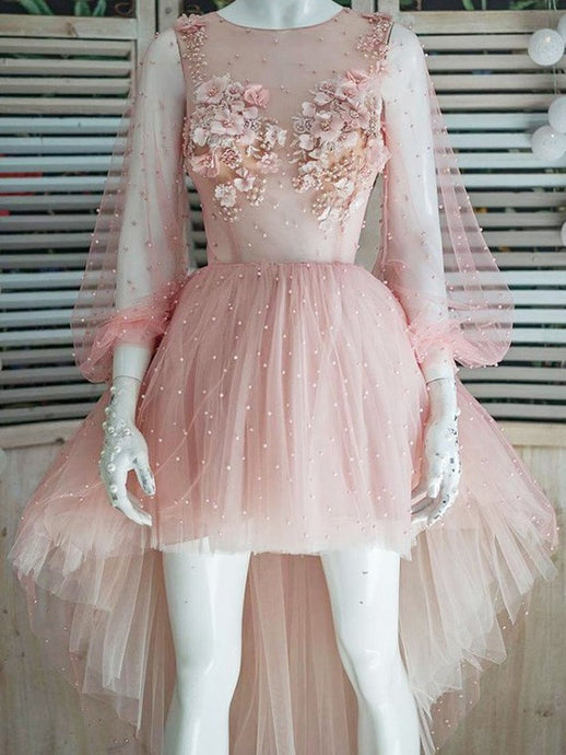 Princess Puff Sleeves Hi-Lo Appliques Pink Homecoming Dress With Pearls OM356