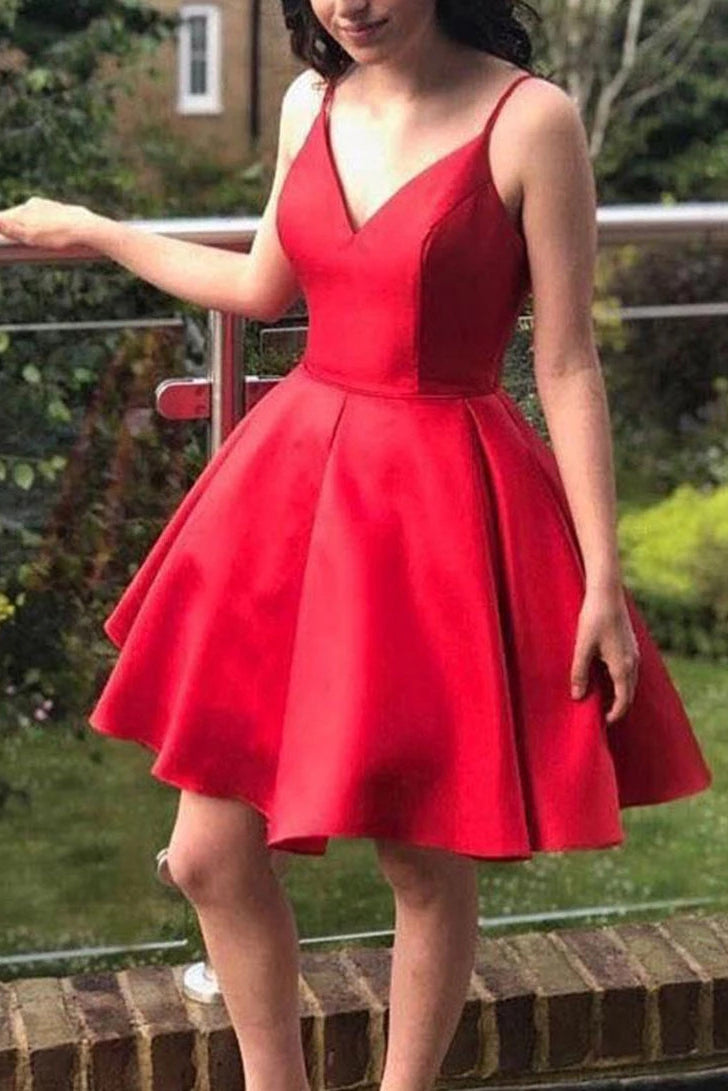 Simple Red Short Prom Dress V Neck Satin Homecoming Dress OM355