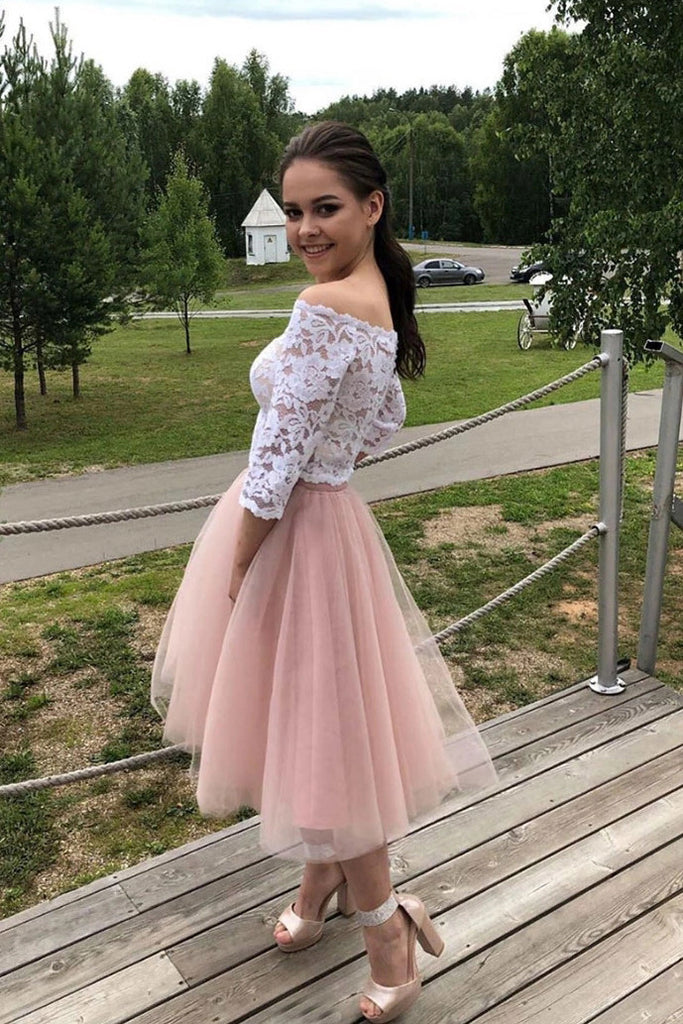 3/4 Sleeves Off-Shoulder Lace Prom Dress Homecoming Dress OM360