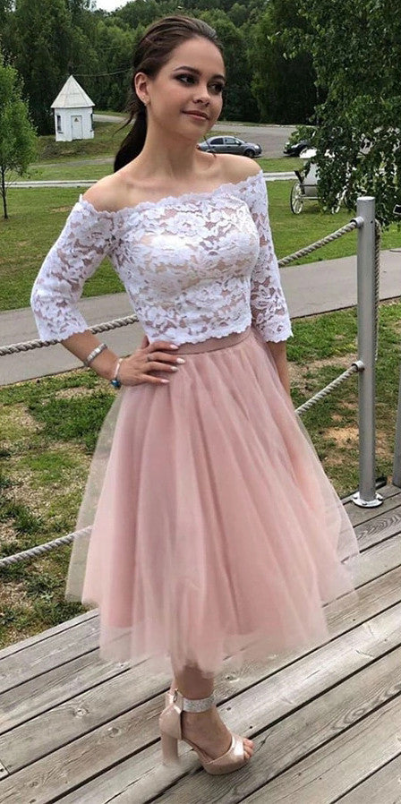 3/4 Sleeves Off-Shoulder Lace Prom Dress Homecoming Dress OM360