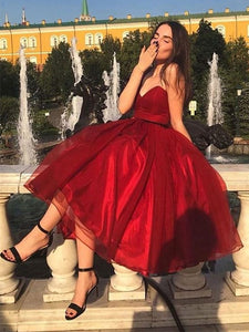 Sweetheart Red Tea Length Prom Dresses Homecoming Dress OM350