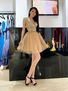 A Line Tulle Short Prom Homecoming Dresses With Appliques OM348