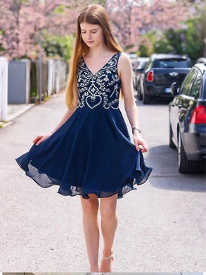 A Line V Neck Navy Blue Beading Short Chiffon Homecoming Dresses OM346