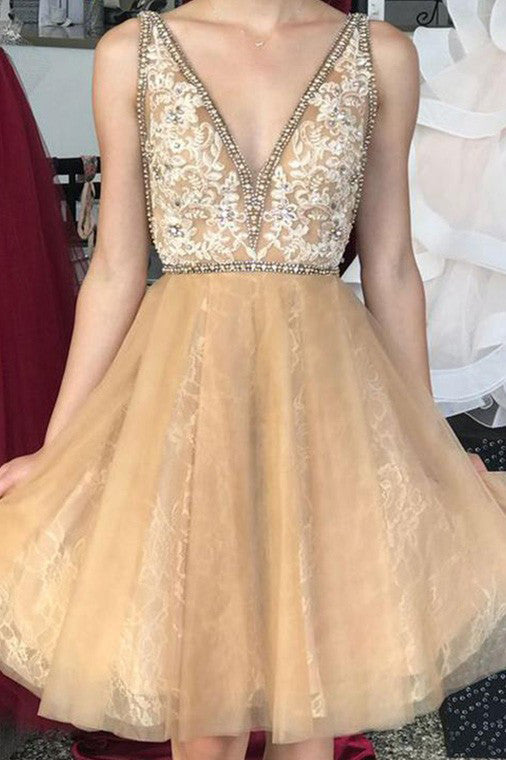 A Line Deep V Neck Short Homecoming Dresses with Beading Appliques OM351