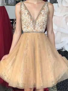 A Line Deep V Neck Short Homecoming Dresses with Beading Appliques OM351