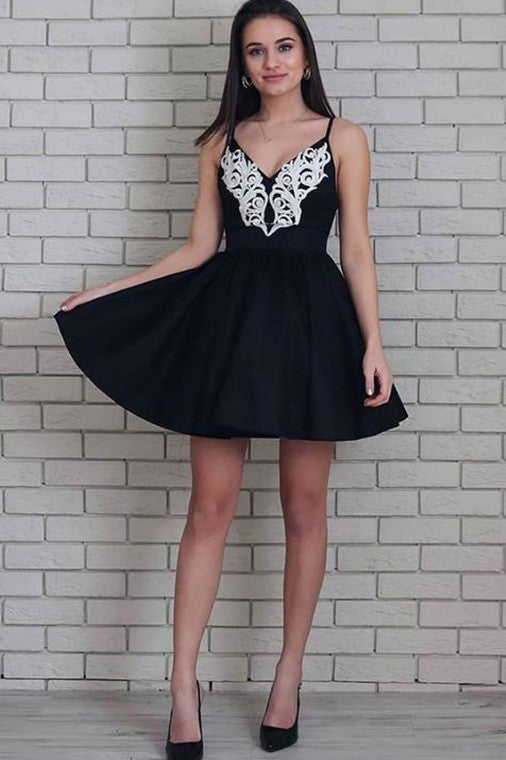 Black Spaghetti A-line V-neck Short Homecoming Dress With Appliques OM352