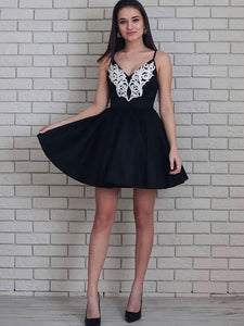 Black Spaghetti A-line V-neck Short Homecoming Dress With Appliques OM352