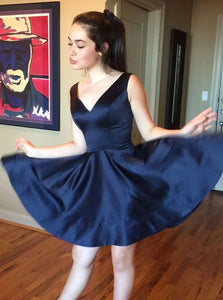 Simple Dark Navy V-neck Satin Short Prom Dress Homecoming Dress