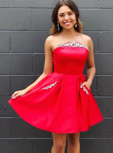 Strapless Homecoming Dress, Fuchsia Short Prom Dress With Beading Pockets OM476