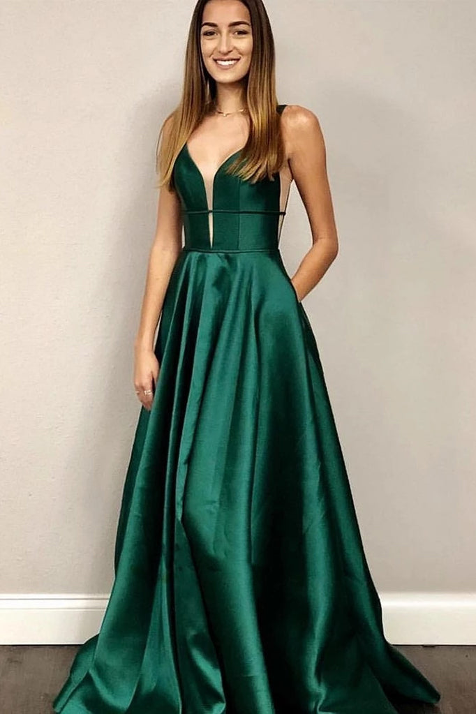 V Neck Emerald Green A-line Formal Prom Dresses With Pockets PO001