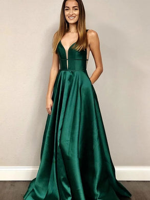 V Neck Emerald Green A-line Formal Prom Dresses With Pockets PO001