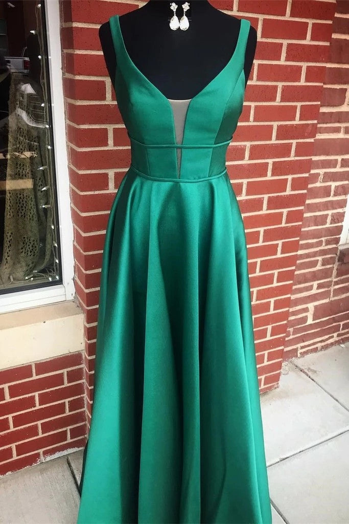 V Neck Emerald Green A-line Formal Prom Dresses With Pockets PO001