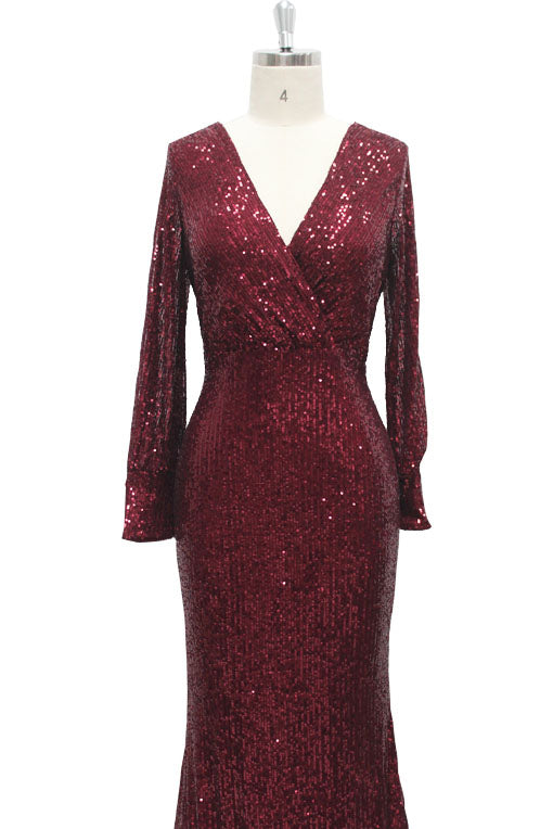 Mermaid Long Split Sleeve Sequined Trumpet Prom Evening Dress E90814