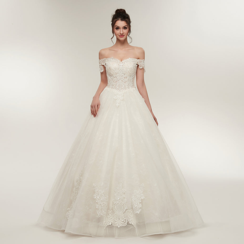 Elegant Off-Shoulder Light Champagne A-line Floor Length Lace Tulle Wedding Dresses Bridal Dress AS50638