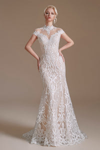 Elegant Cap Sleeves Lace Mermaid Long Beach Wedding Dresses