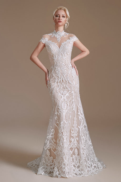 Elegant Cap Sleeves Lace Mermaid Long Beach Wedding Dresses