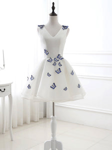 Elegant Sleeveless V-Neck White Homecoming Dress With Blue Butterflies Short Prom Dress AS12426