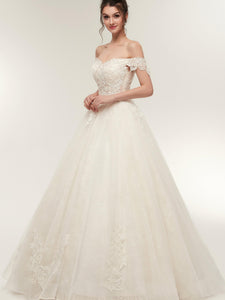 Elegant Off-Shoulder Light Champagne A-line Floor Length Lace Tulle Wedding Dresses Bridal Dress AS50638