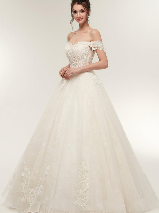 Elegant Off-Shoulder Light Champagne A-line Floor Length Lace Tulle Wedding Dresses Bridal Dress AS50638