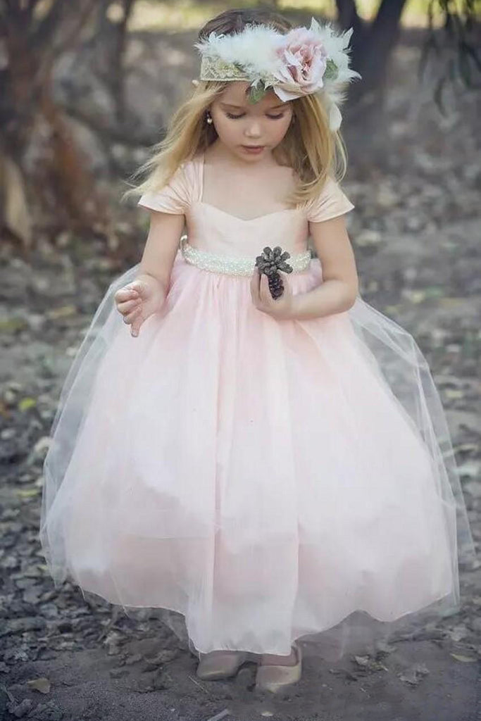 Tulle Short Sleeves Blush Pink Ball Gown Flower Girl Dress With Pearls OF127