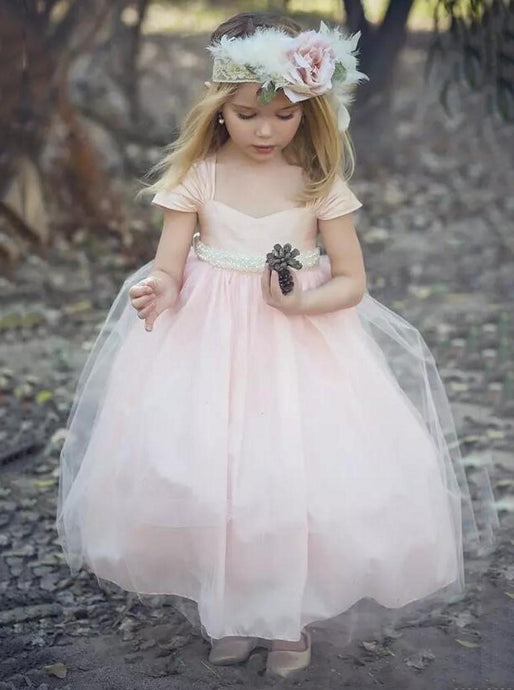 Tulle Short Sleeves Blush Pink Ball Gown Flower Girl Dress With Pearls OF127