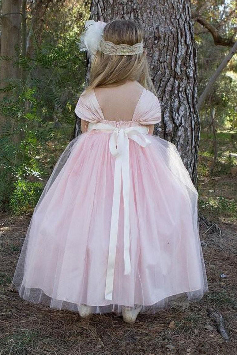 Tulle Short Sleeves Blush Pink Ball Gown Flower Girl Dress With Pearls OF127