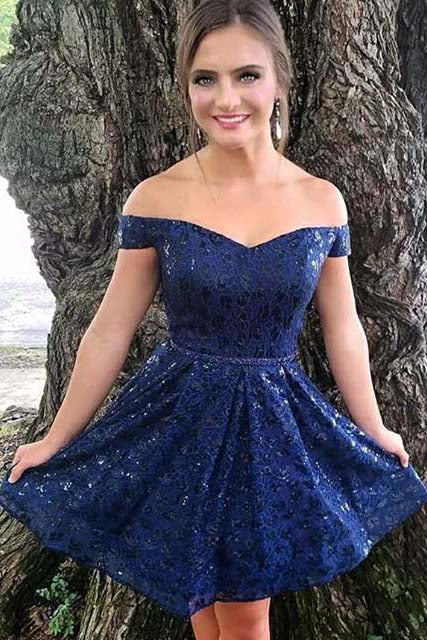 A-line Dark Navy Off Shoulder Lace Short Prom Dress Homecoming Dress