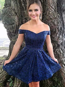 A-line Dark Navy Off Shoulder Lace Short Prom Dress Homecoming Dress