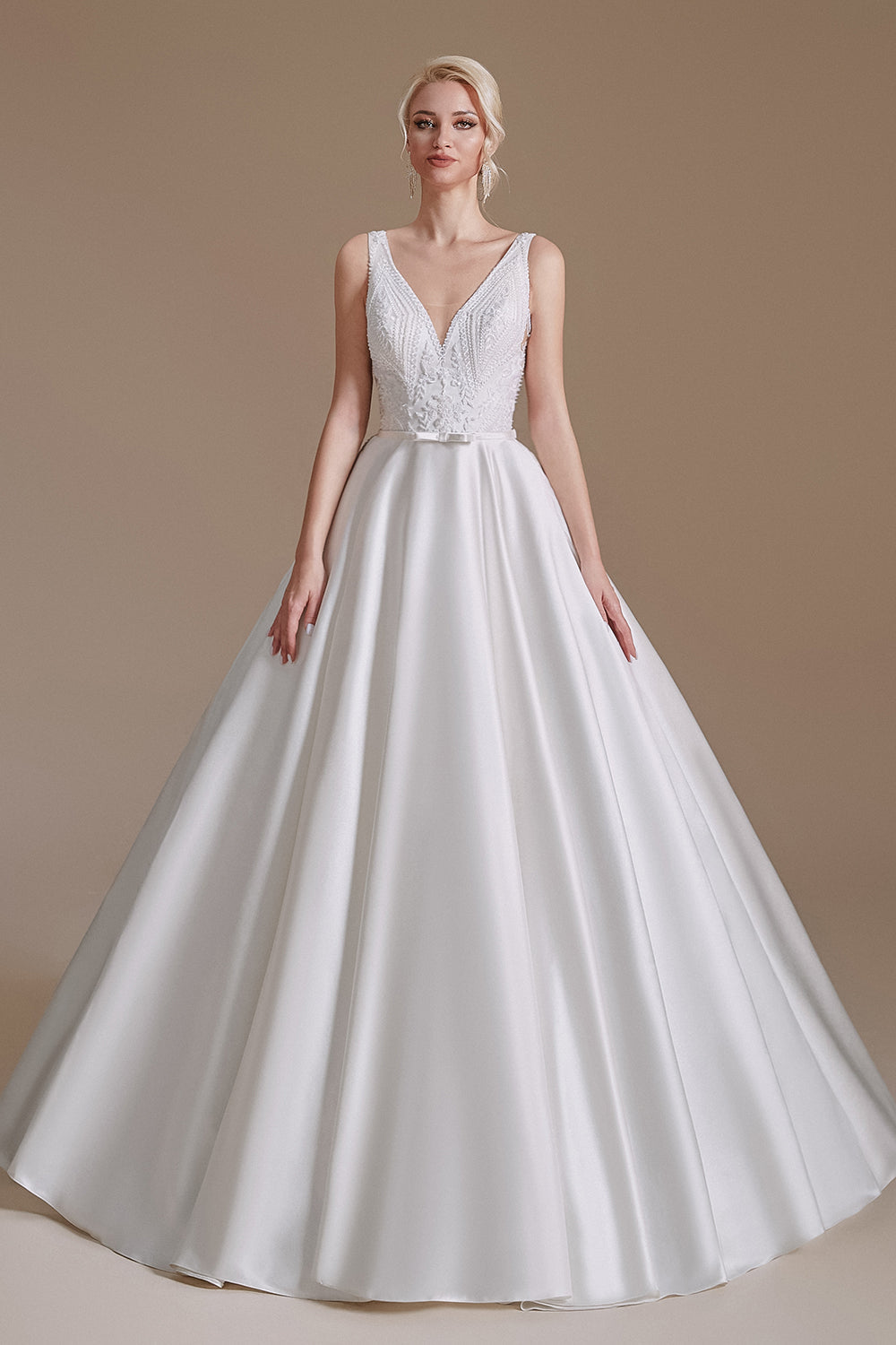 Elegant Long A-Line Sleeveless Satin Wedding Dress