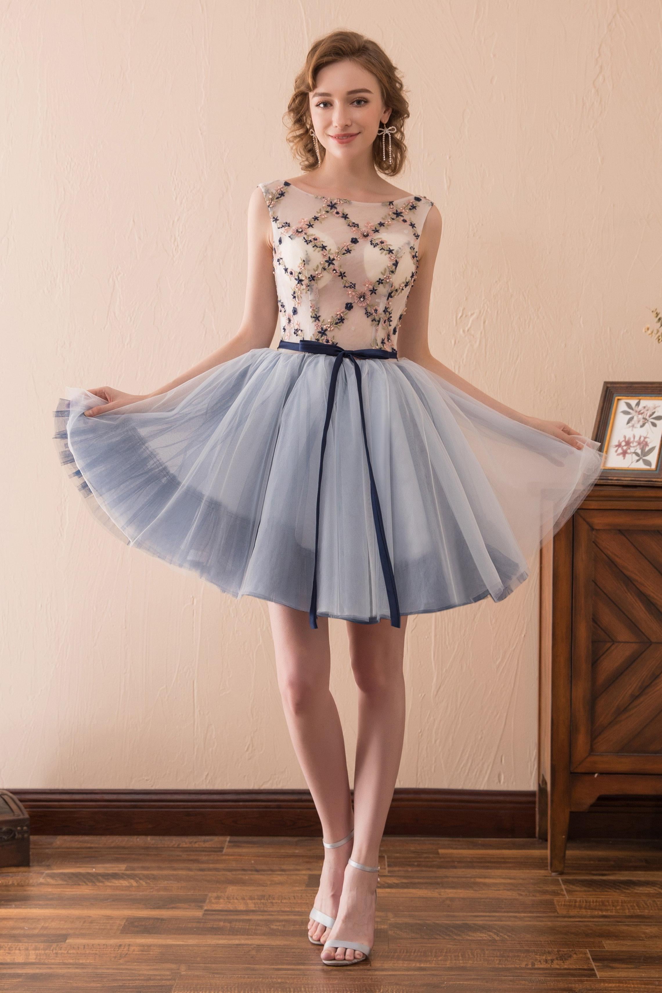 Bateau Sleeveless Tulle Short Homecoming Dress Graduation DressWith Beading AS14619