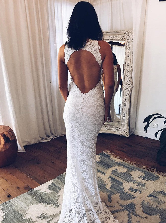 Stunning Mermaid Crew Neck Open Back Lace Wedding Dresses with Split