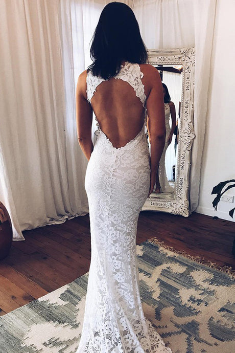 Stunning Mermaid Crew Neck Open Back Lace Wedding Dresses with Split