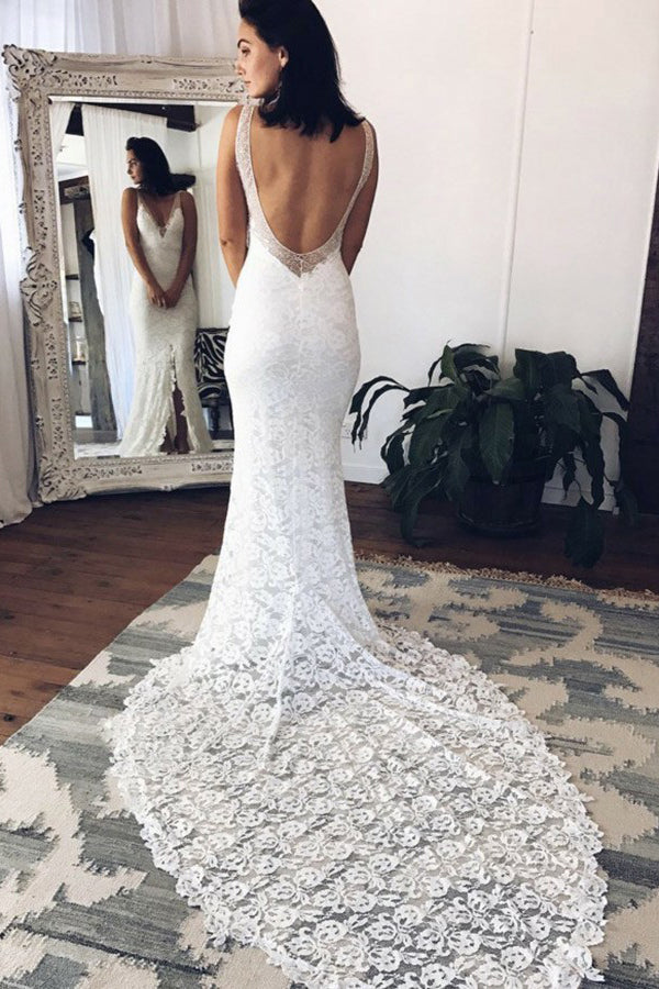 Sheath V-Neck Backless Lace Wedding Dress Court Train With Split OW476