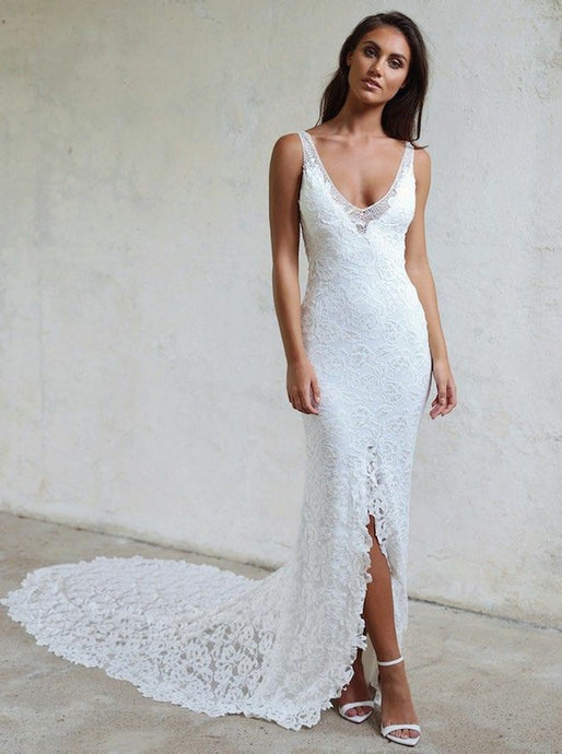 Sheath V-Neck Backless Lace Wedding Dress Court Train With Split OW476