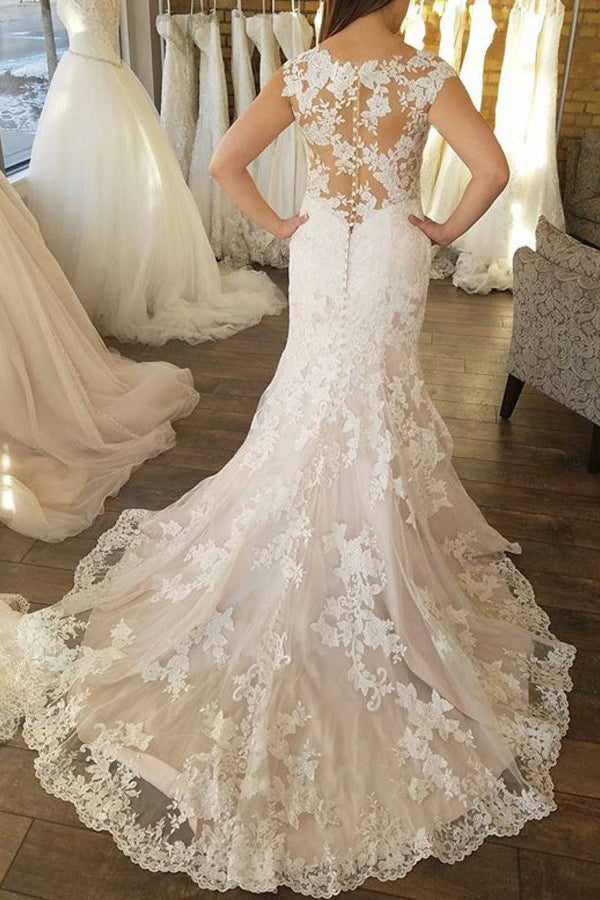 Mermaid Crew Neck Cap Sleeves Wedding Dress With Appliques OW477