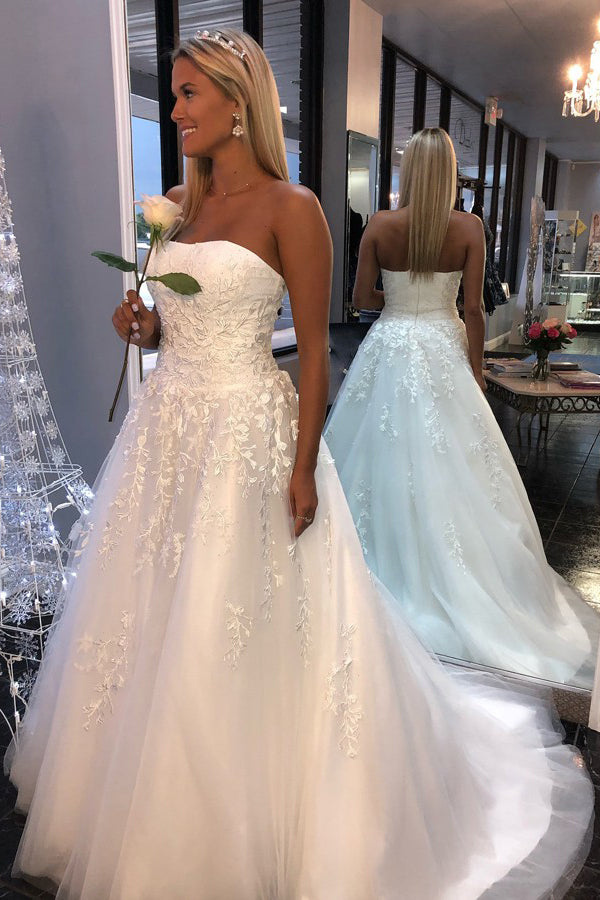 White A-Line Tulle Strapless Wedding Dresses With Appliques OW448
