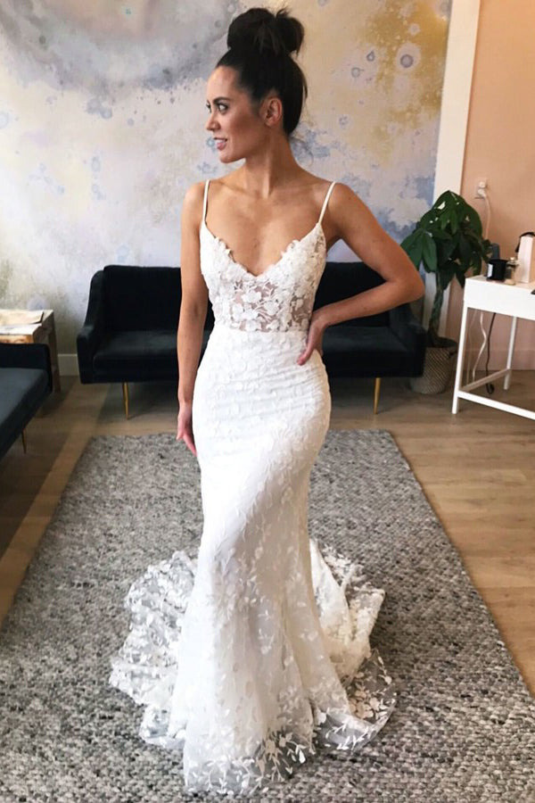 Spaghetti Straps Sweep Train Lace Appliques Mermaid Wedding Dress OW454