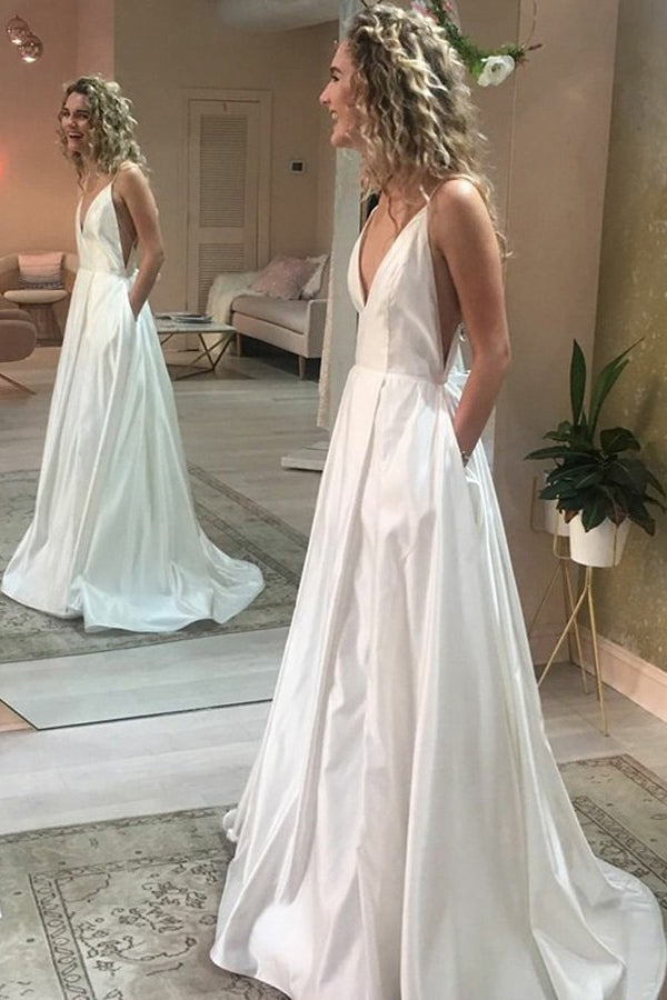 Simple Spaghetti Straps Satin Backless Wedding Dress with Pockets OW494