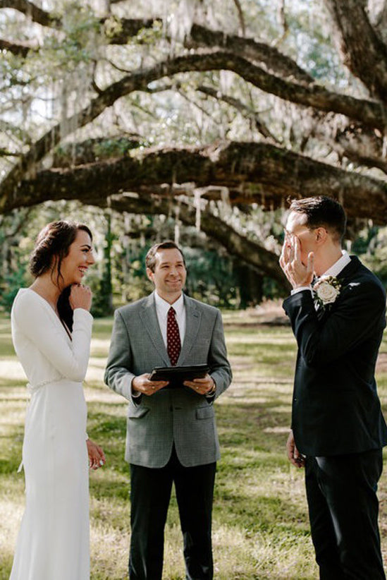 Modest Deep V-Neck Beading Long Sleeves Wedding Dress OW462