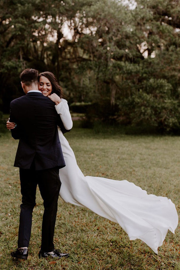 Modest Deep V-Neck Beading Long Sleeves Wedding Dress OW462